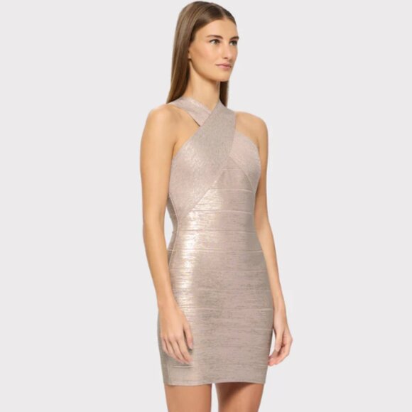 HERVÉ LÉGER Glitter Foil Halter Mini Dress – S – Rose Gold Foil
